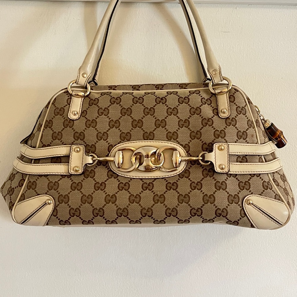 Gucci GG Monogram Canvas Shoulder Handbag Beige Brown Leather Authentic